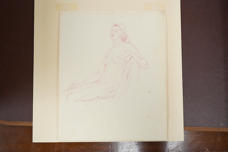 A 20th century School, sanguine chalk, Study of a seated nude woman, unsigned, 25 x 24.5cm, mounted, unframed. Condition - fair, some spots of foxing